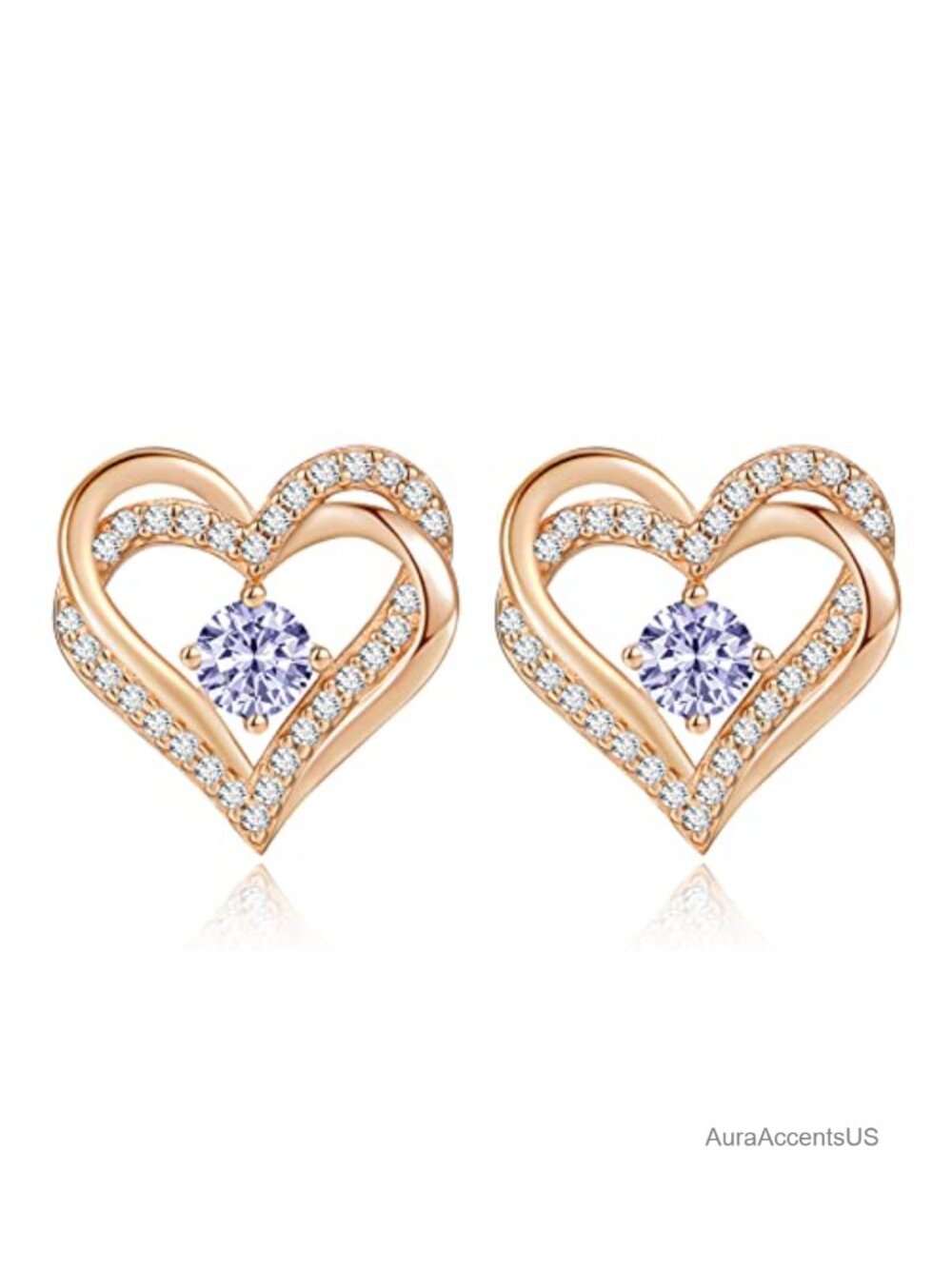 18K Rose Gold Heart Stud Earrings 925 Sterling Silver Birthstone Jewelry Gift